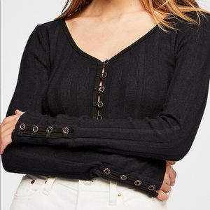 Free People Long Sleeve Button Black Top